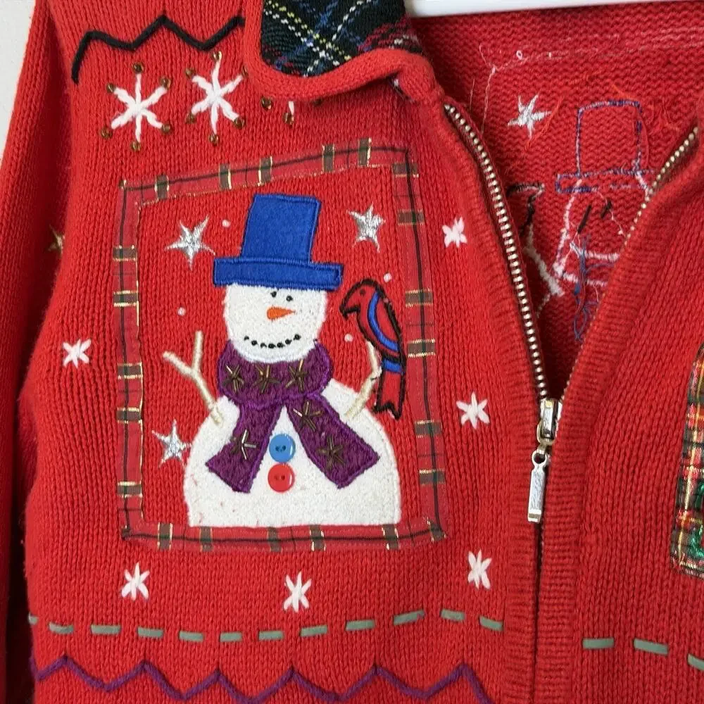 Designers‎ Originals Studio Joy Christmas Sweater Cardigan Sz PS Red Snowman Zip